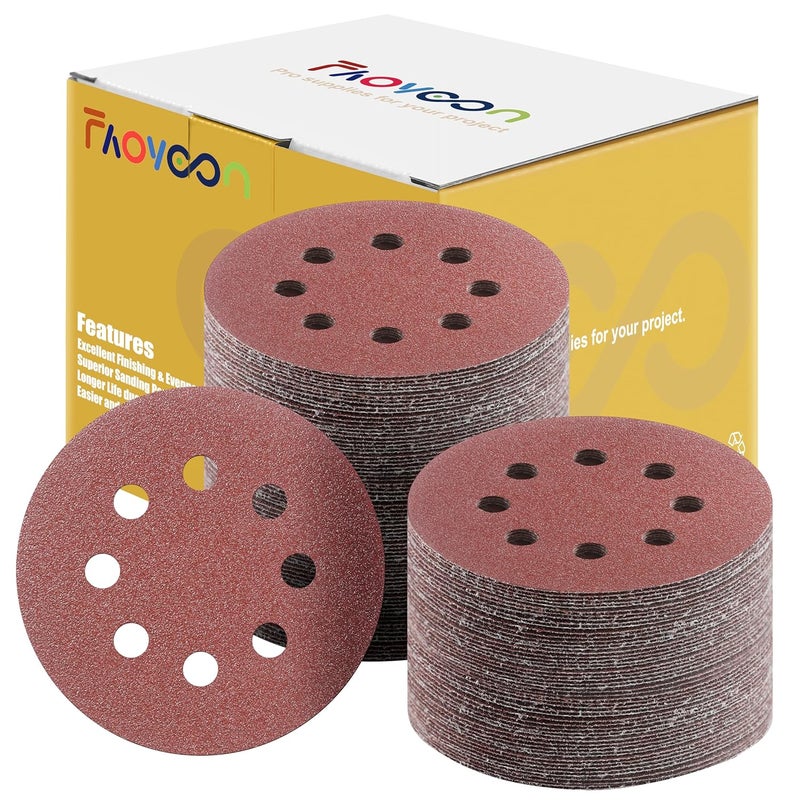 Faoyoon Sanding Disc 5 Inch 8 Hole, 100 Pcs Orbital Sanding Discs Hook and Loop, Sandpaper for Wood, 60 Grit Sand Paper for Random Orbital Sander - Image 1